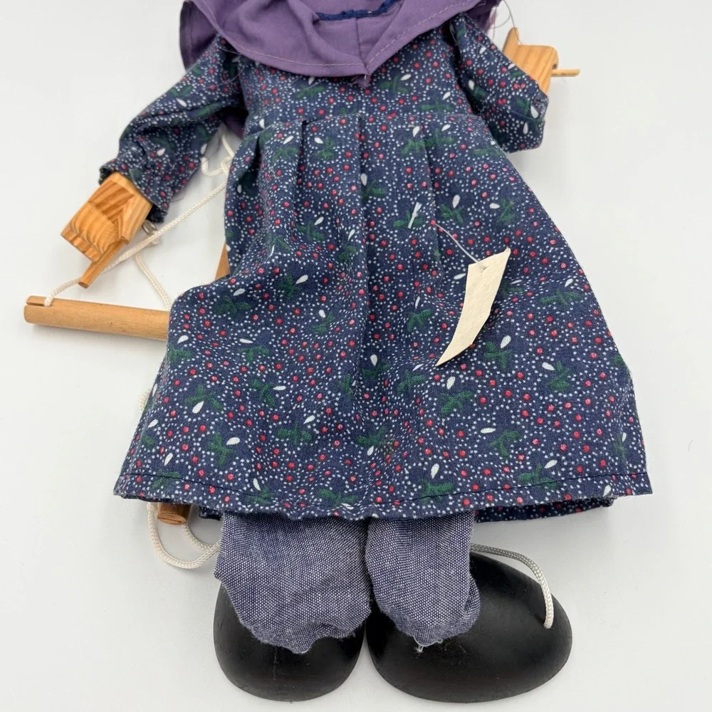 Vintage Marionette Puppet Folk Art Doll Blue‎ Floral Dress Wood Face